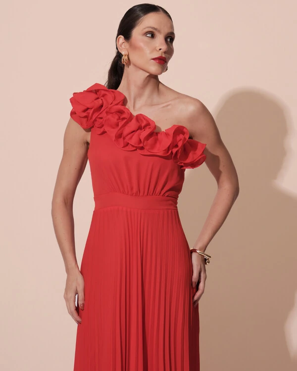 Vestido de Festa um Ombro Só Flor Saia Plissado Vermelho New