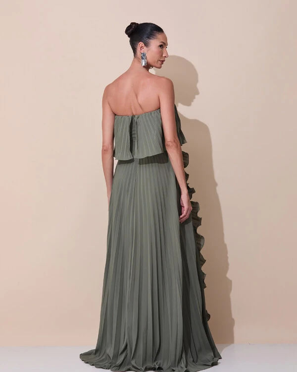 Vestido de Festa Longo Crepe Chiffon Tomara que Caia Plissado com Babado Cascata Verde Oliva