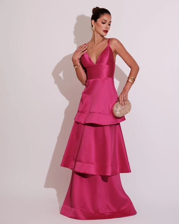 Vestido de Festa Longo Zibeline em Camadas Decote em V com Alças Pink