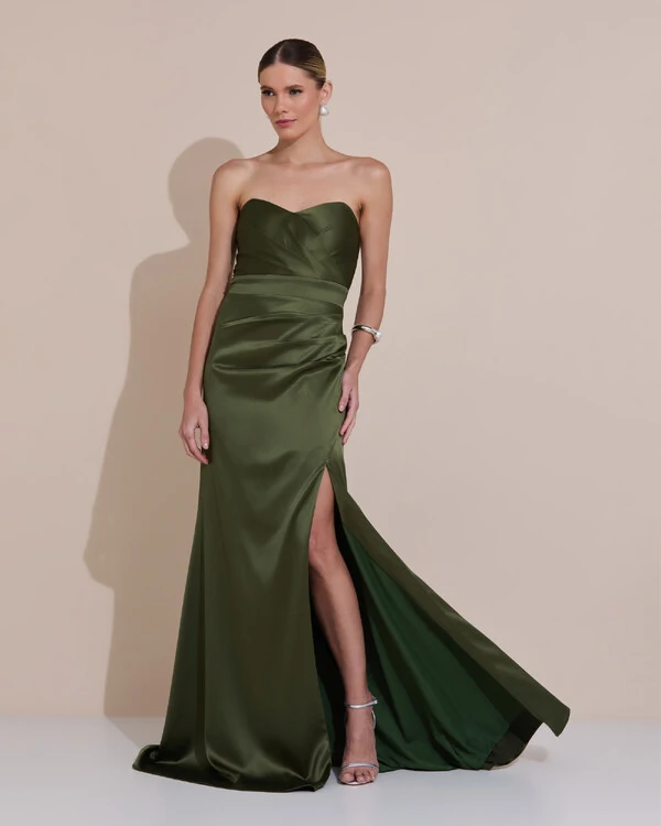 Vestido de Festa Longo Cetim Alfaiataria Tomara que Caia Fenda Verde Oliva
