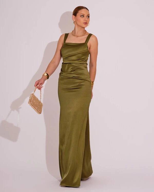 Vestido Longo de Festa Cetim Alfaiataria Drapeado Sereia Verde Oliva