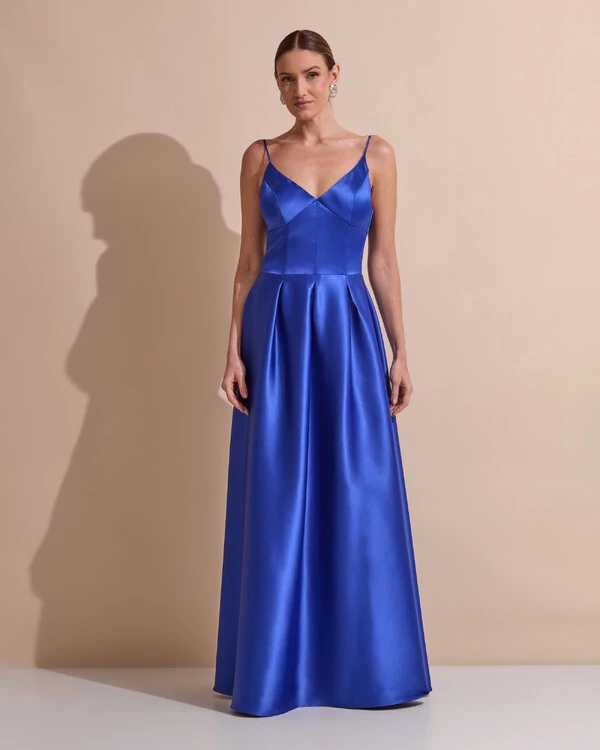 Vestido de Festa Longo Alça Fina Decote V Cetim Saia Evasê Azul Royal