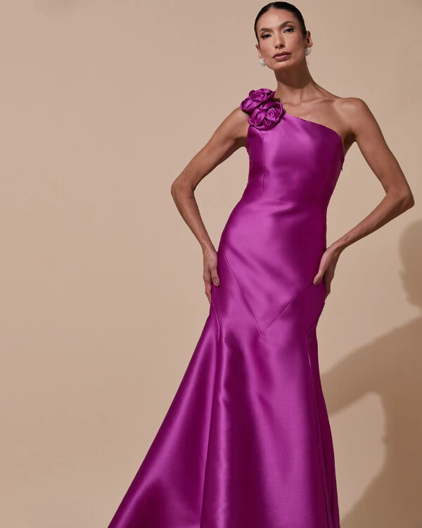 Vestido de Festa Longo Zibeline um Ombro Só Flor Removível Saia Sereia Fúcsia