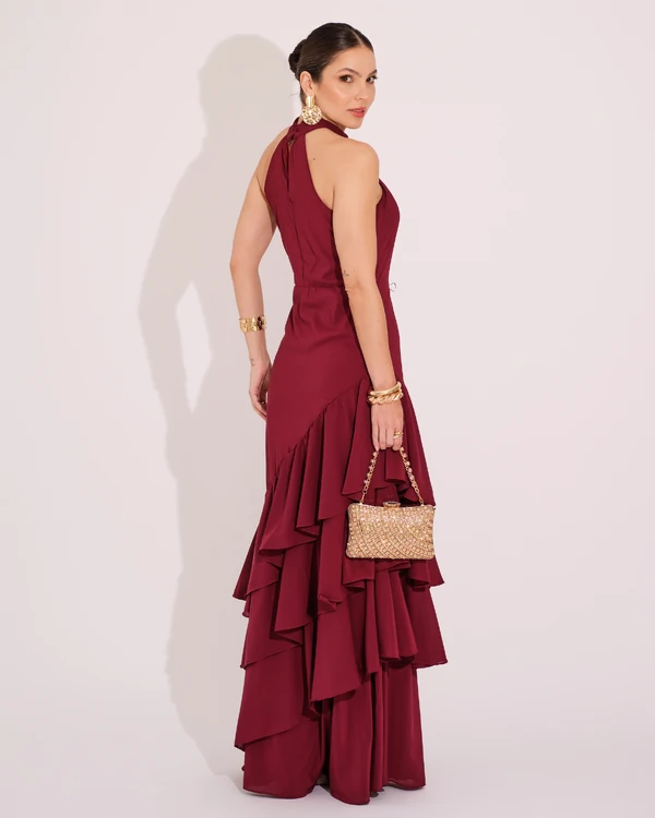 Vestido de Festa Longo Decote Halter com Babados Marsala