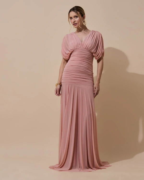 Vestido de Festa Longo Tule Manga Curta Drapeado Rose