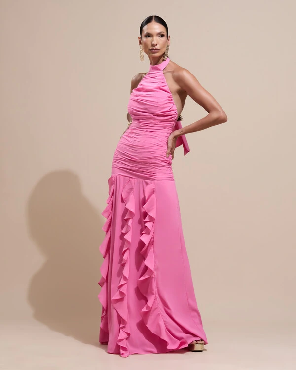 Vestido de Festa Longo Frente Única Crepe Chiffon Drapeado Babados Cascata Rosa