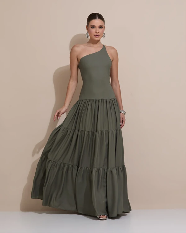 Vestido de Festa Longo Um ombro Só Crepe Chiffon Saia Fluida Verde Oliva