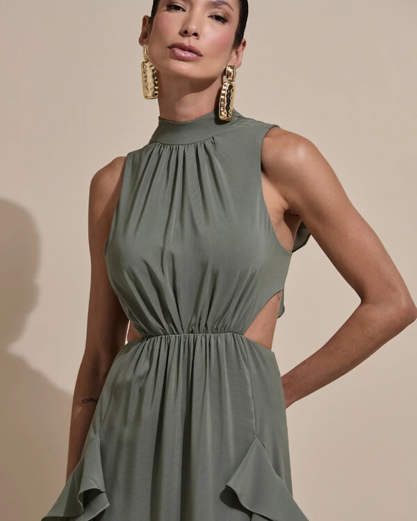 Vestido de Festa Longo Gola Alta Crepe Chiffon Recortes Babados Cascata Verde Oliva