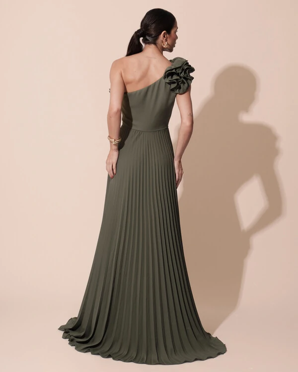 Vestido de Festa um Ombro Só Flor Saia Plissado Verde Oliva