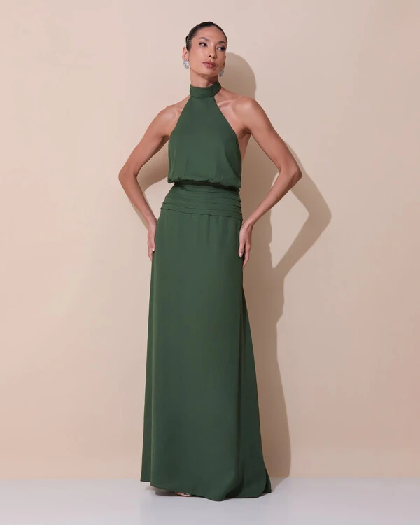 Vestido de Festa Longo Frente Única Busto Blousê Crepe Chiffon Drapeado Verde Escuro
