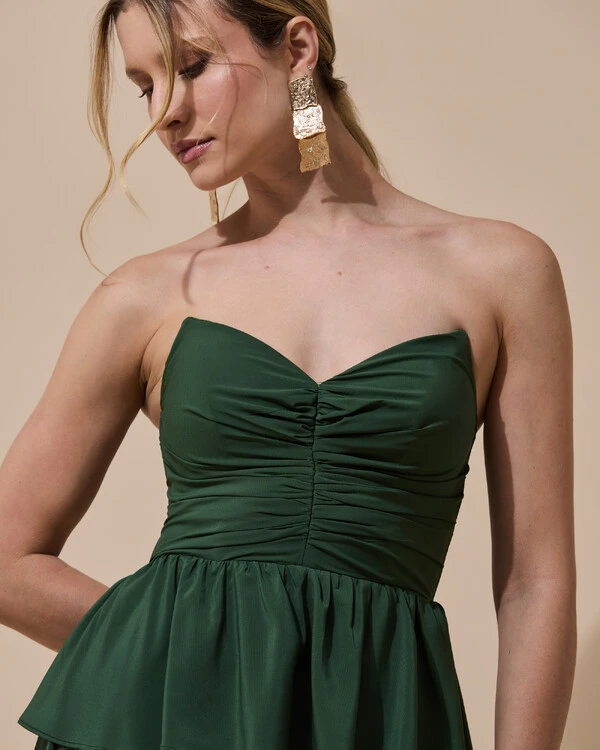 Vestido de Festa Longo Crepe Chiffon Tomara que Caia Peplum Drapeado Verde Militar