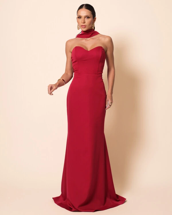 Vestido de Festa Longo Alfaiataria Tomara que Caia Saia Sereia com Lenço Cereja