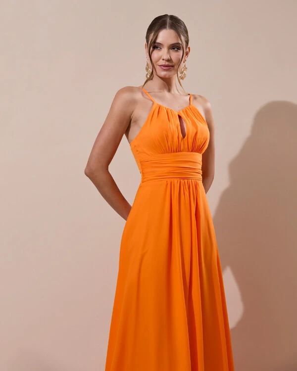 Vestido de Festa Longo Crepe Chiffon Drapeado com Alças e Saia Fluida Laranja