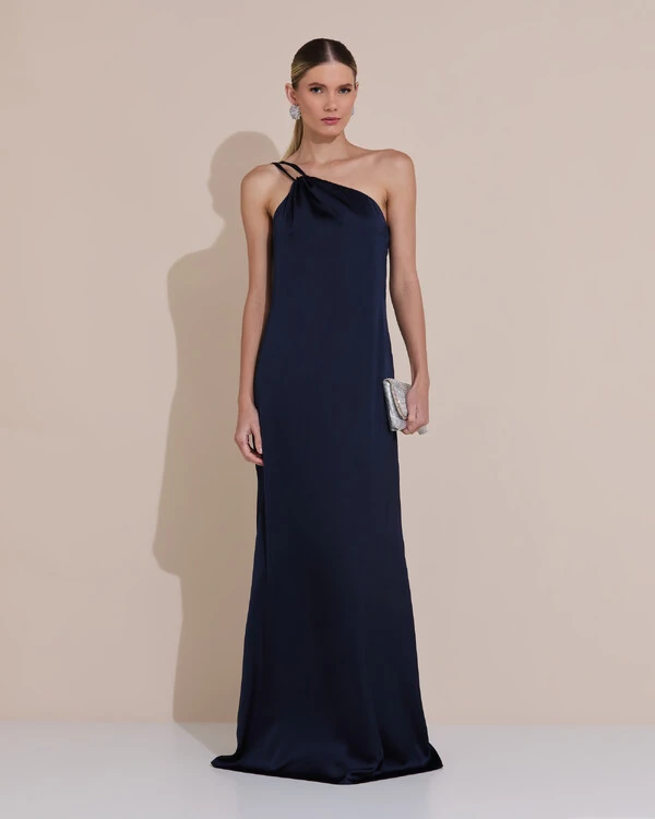 Vestido de Festa Longo em Cetim Fluido um Ombro Só com Lenço Azul Marinho