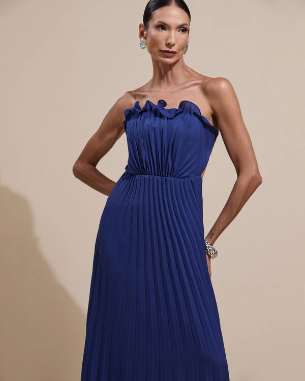 Vestido de Festa Longo Tomara que Caia Plissado Detalhe Azul Marinho