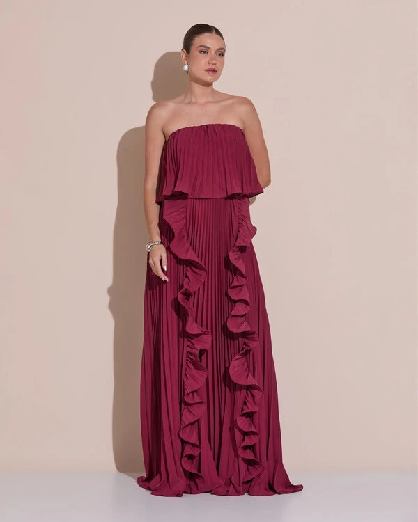 Vestido de Festa Longo Crepe Chiffon Tomara que Caia Plissado com Babado Cascata Marsala New