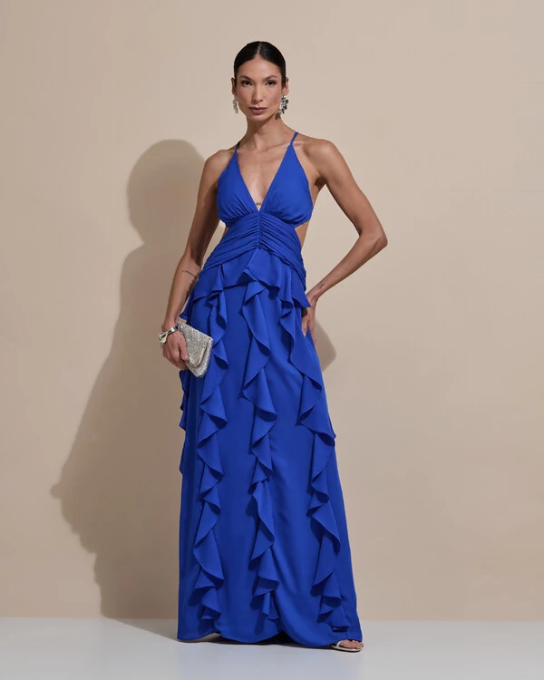 Vestido de Festa Longo Decote V Recortes Drapeado Crepe Chiffon Babados Cascata Azul Royal