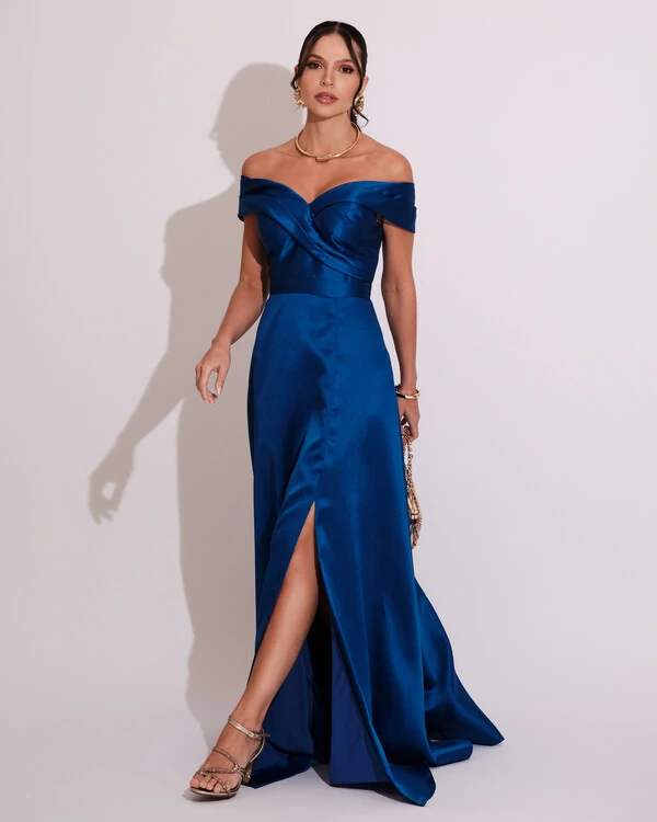 Vestido de Festa Longo Zibeline Ombro a Ombro com Fenda Azul Royal