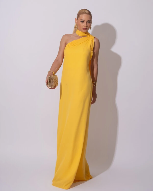 Vestido de Festa Longo Crepe Chiffon Um Ombro Só Drapeado Lenço Fixo Amarelo