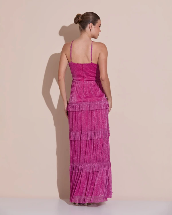 Vestido de Festa Longo Tule com Saia Babado Fúcsia