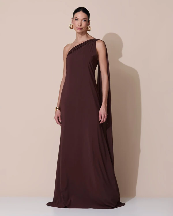 Vestido de Festa Longo Crepe Chiffon Um Ombro Só Drapeado Marrom