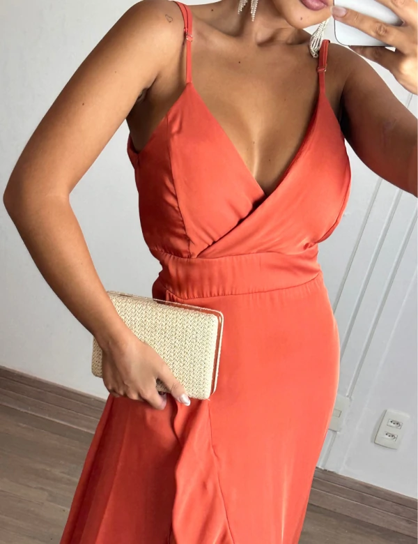 Vestido Midi Acetinado Fran Terracota