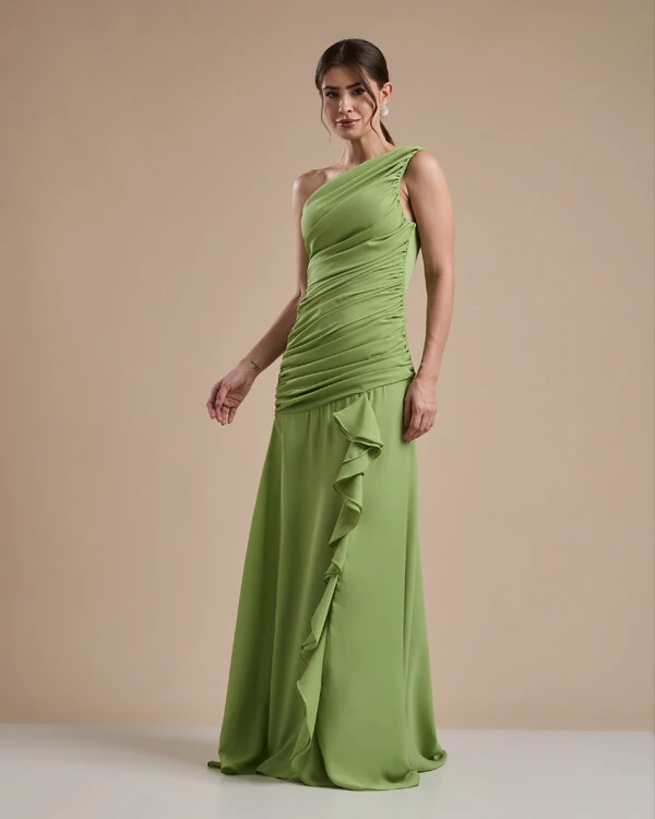 Vestido de Festa Longo Crepe Chiffon Um Ombro Só Drapeado com Babado Cascata Verde Garden