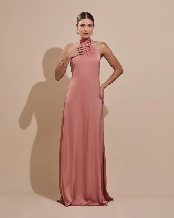 Vestido de Festa Gola Alta com Decote nas Costas Acetinado Rosa Blush