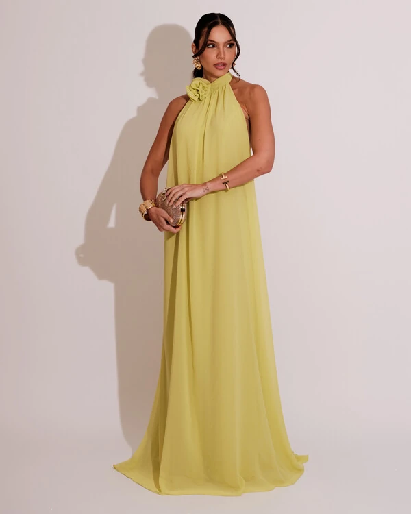 Vestido Longo Crepe Chiffon Frente Única Fluido Flor Removível Amarelo