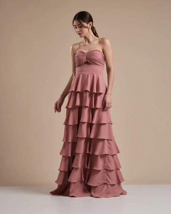Vestido Longo Crepe Chiffon Tomara que Caia Plissado em Camadas Rose