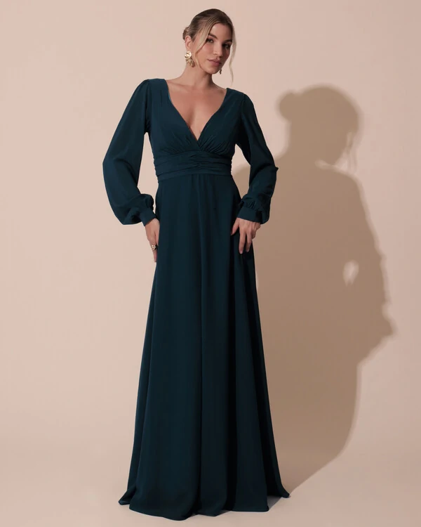 Vestido de Festa Manga Longa com Cintura Drapeada Decote V Verde Escuro