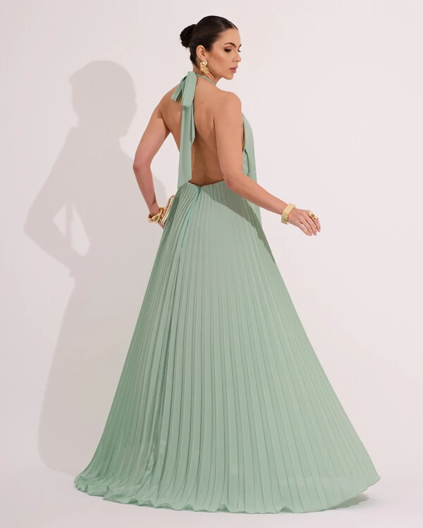 Vestidos de Festa Longo Chiffon Fluido Frente Única Plissado Duplo Verde Menta