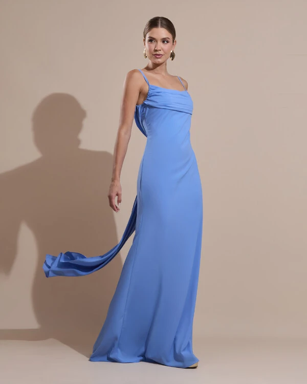 Vestido de Festa Longo Crepe Chiffon Costas Lenço Cauda Azul Atlantis