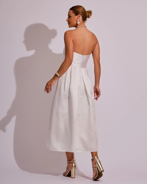 Vestido Midi Tomara que Caia Zibeline Com Pregas Branco