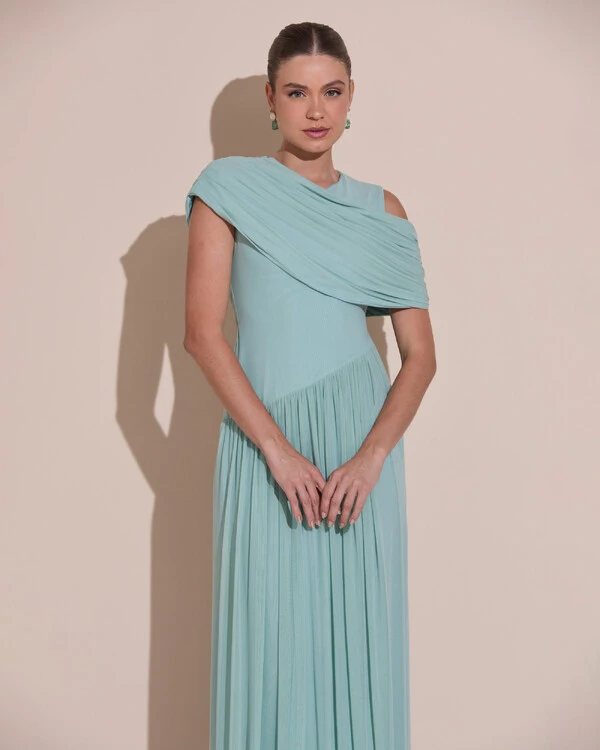 Vestido de Festa Longo Capa Drapeado Tule Saia Fluida Verde Menta