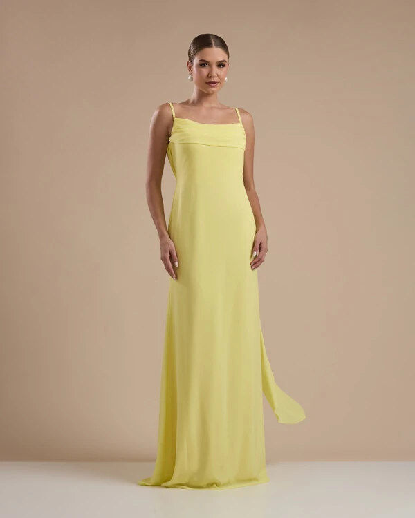 Vestido de Festa Longo Crepe Chiffon Costas Lenço Cauda Amarelo Manteiga