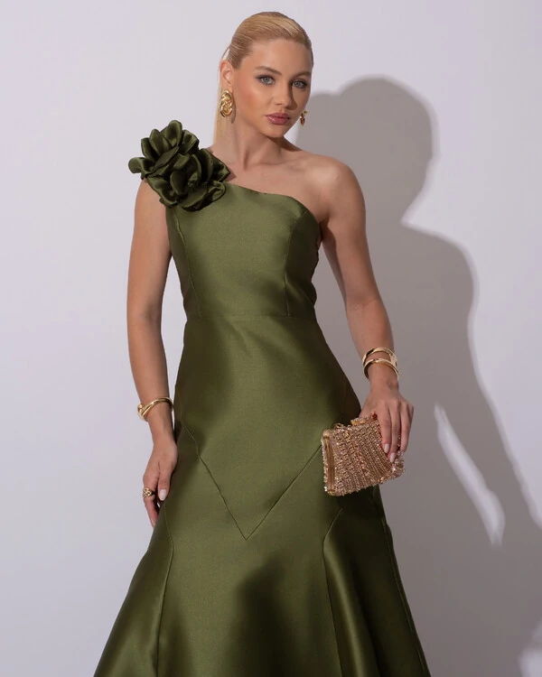 Vestido de Festa Longo Zibeline um Ombro Só Flor Removível Saia Sereia Verde Oliva