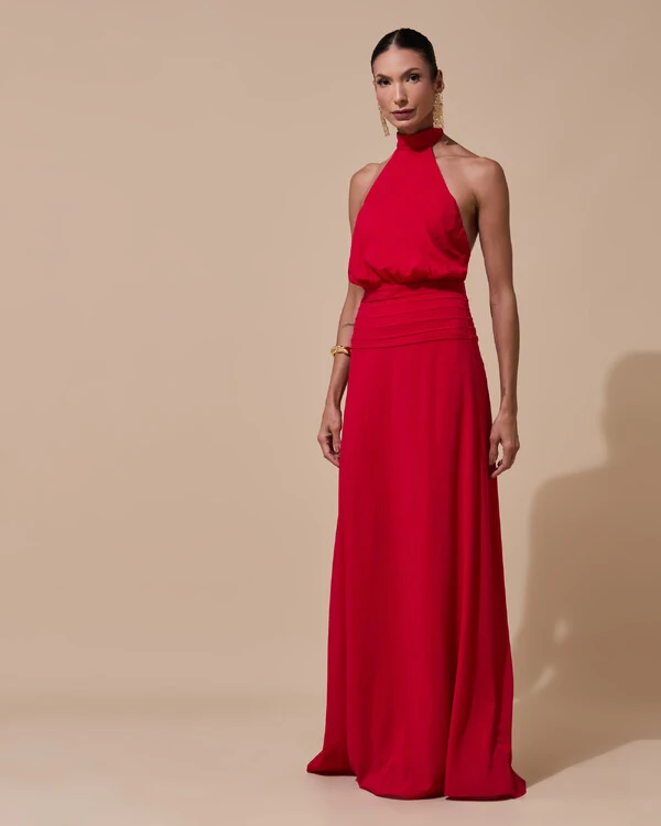 Vestido de Festa Longo Frente Única Busto Blousê Crepe Chiffon Drapeado Vermelho