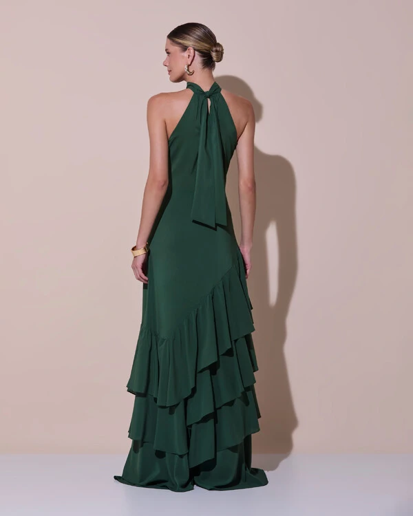 Vestido de Festa Longo Chiffon Crepe Gola Alta Babados Verde Escuro New