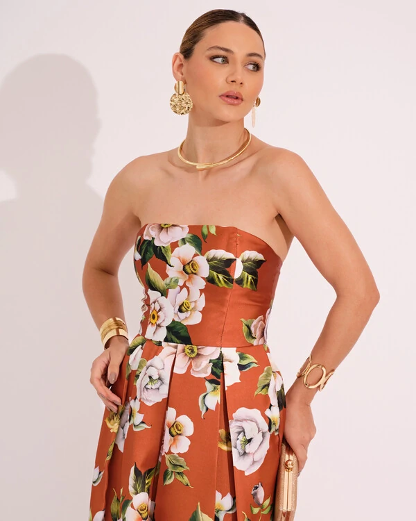 Vestido de Festa Longo em Zibeline Estampado Tomara que Caia Terracota Floral