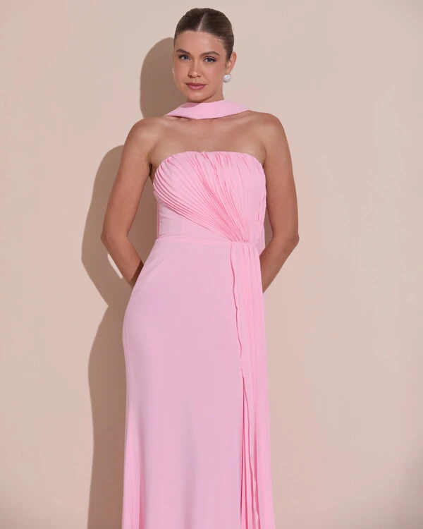 Vestido de Festa Longo Tomara Que Caia Crepe Chiffon Plissado Lenço Rosa Claro