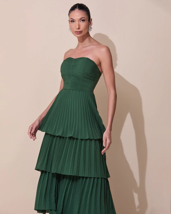 Vestido de Festa Longo Tomara que Caia Crepe Chiffon Plissado Camadas Verde Escuro New