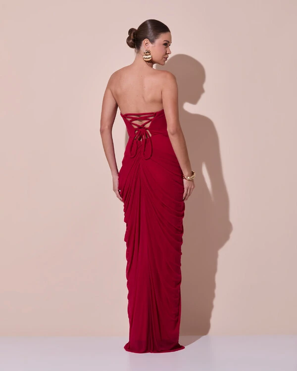 Vestido De Festa Longo Tomara que Caia Tule Drapeado Fenda Cereja
