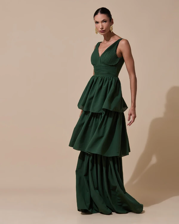 Vestido de Festa Longo Decote V Crepe Chiffon Plissado Camadas Babado Verde Militar
