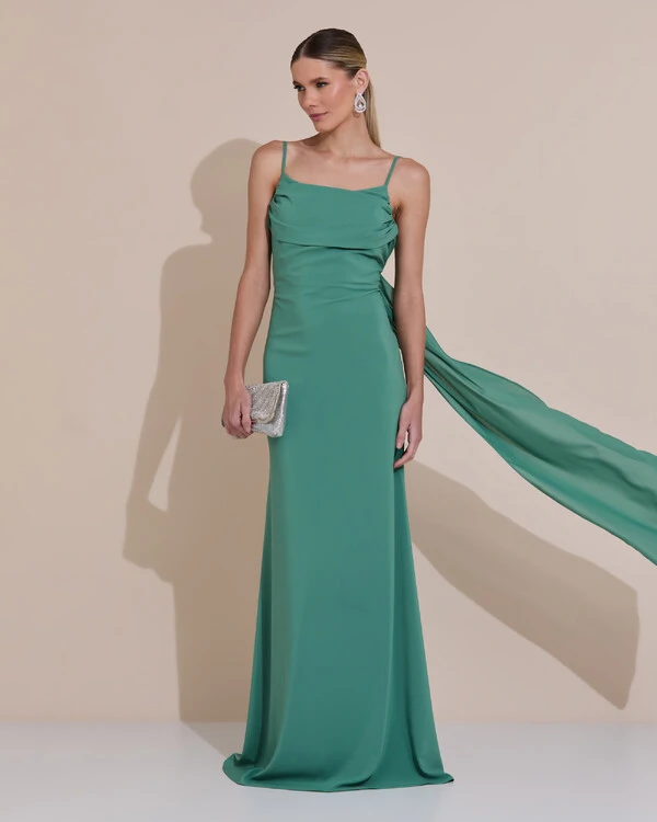 Vestido de Festa Longo Crepe Chiffon Costas Lenço Cauda Verde Matcha Escuro