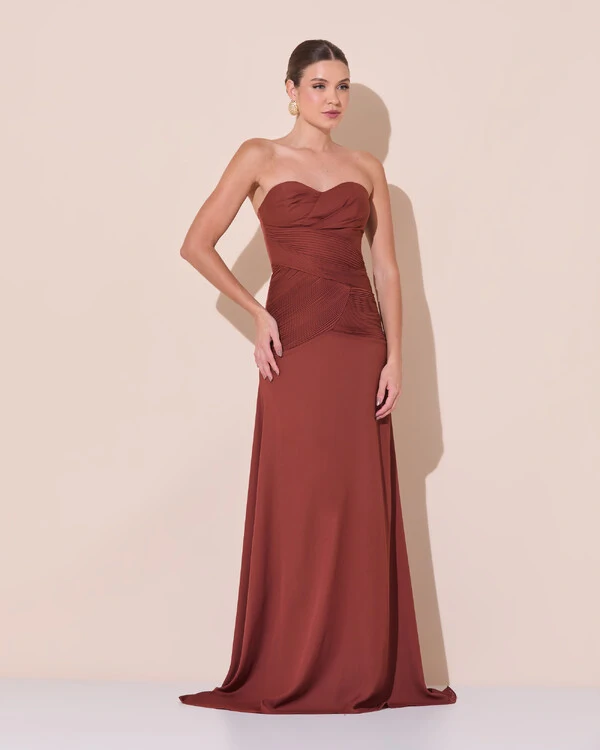 Vestido de Festa Longo Decote Coração Crepe Chiffon Drapeado Plissado Lenço Marrom New