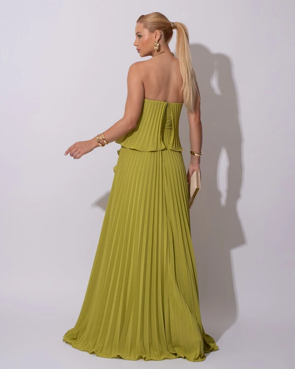 Vestido de Festa Longo Crepe Chiffon Tomara que Caia Plissado com Babado Cascata Verde Pistache