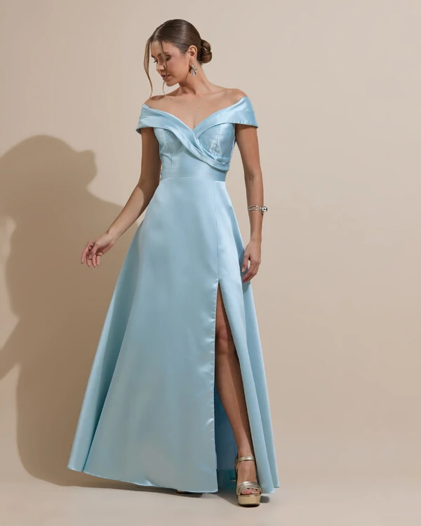 Vestido de Festa Longo Zibeline Ombro a Ombro com Fenda Tiffany