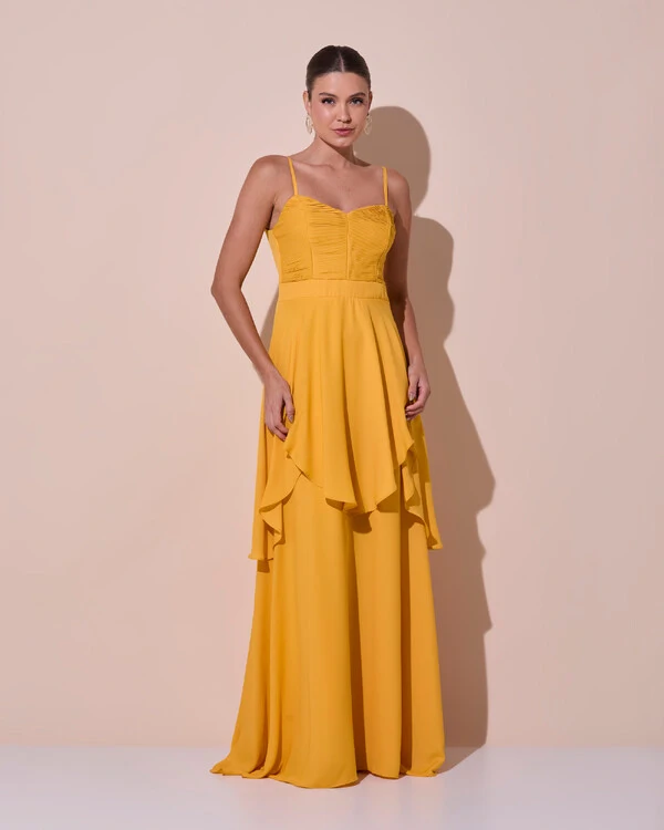 Vestido de Festa Longo Decote Coração Plissado Crepe Chiffon Babados Cascata Laranja Manga New