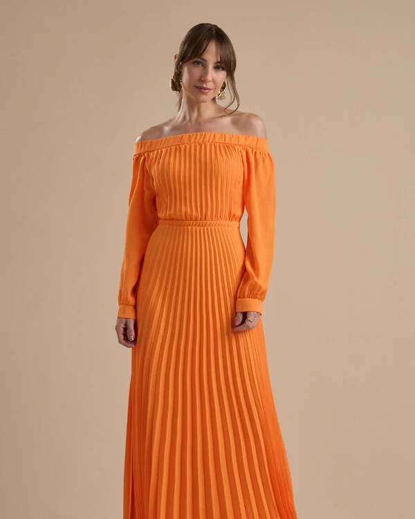 Vestido de Festa Longo Crepe Chiffon Plissado Ombro a Ombro Laranja